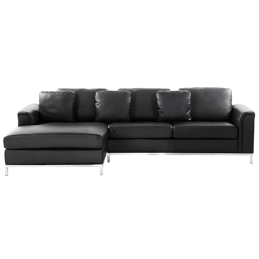 Divano ad angolo rivestito in pelle nera a forma di L con orientamento versione destra