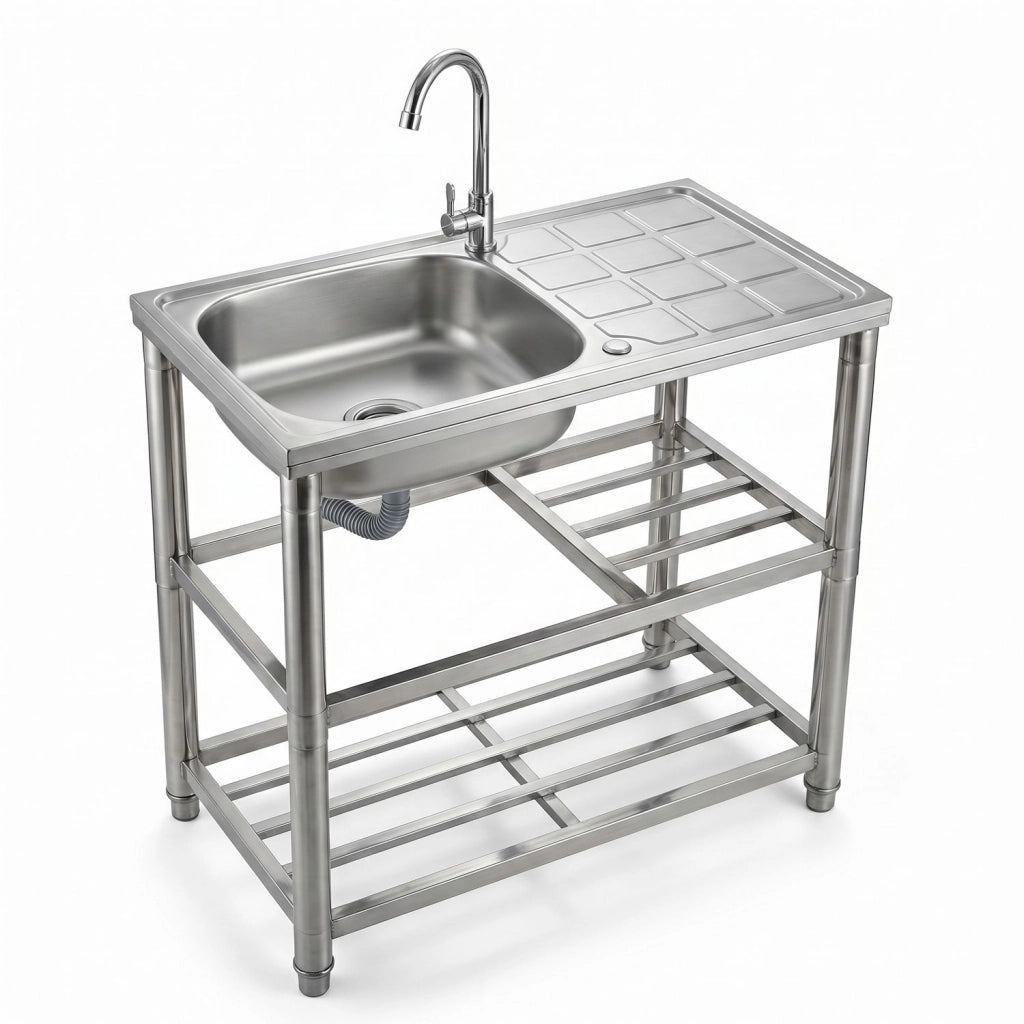 Lavandino in Acciaio Inox Autoportante con Rubinetto e 2 Ripiani – Lavello 1 Vasca con Gocciolatoio Reversibile da Cuc
