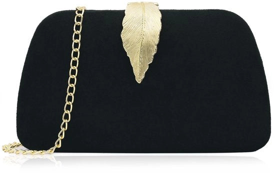 Borsa da sera per donna, elegante borsa a catena con chiusura a foglia in velluto (nero)