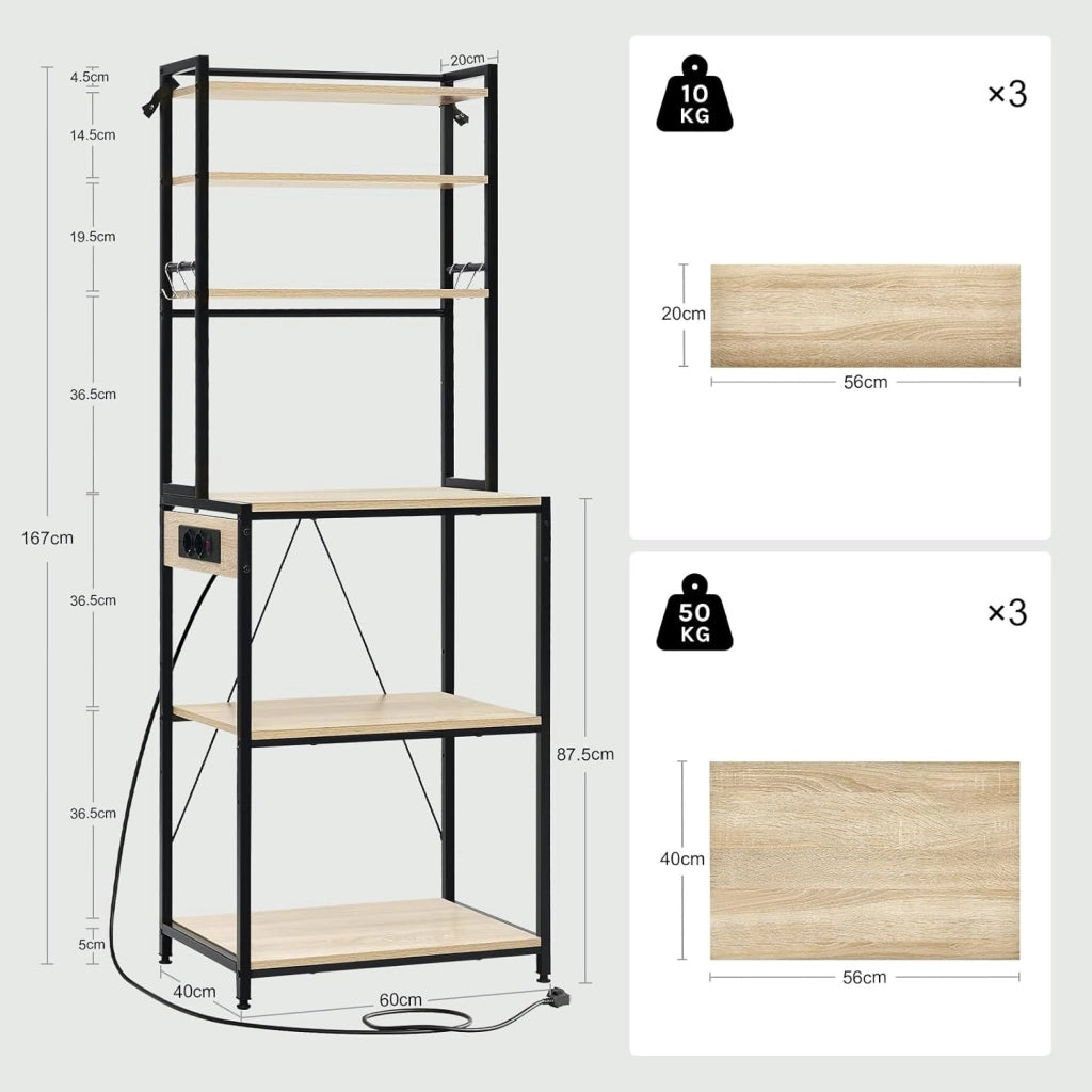 Scaffale da Cucina a 6 Livelli con Prese di Corrente, Scaffale per Microonde con Struttura in Metallo e Piano di Lavoro Aperto, Nero+Rovere Chiaro, 60x39,5x167cm