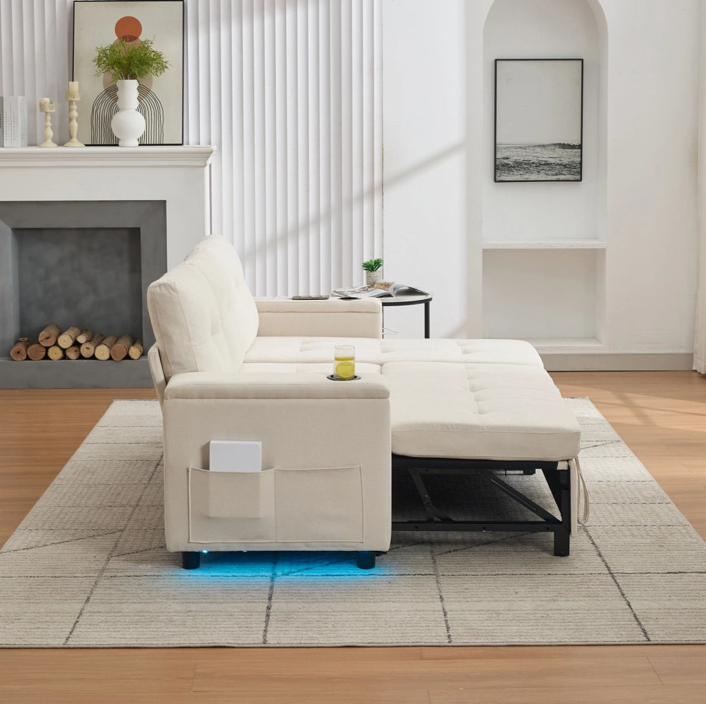 Sofa letto pieghevole 208 x 146 x 89;5 cm con contenitore nascosto; beige