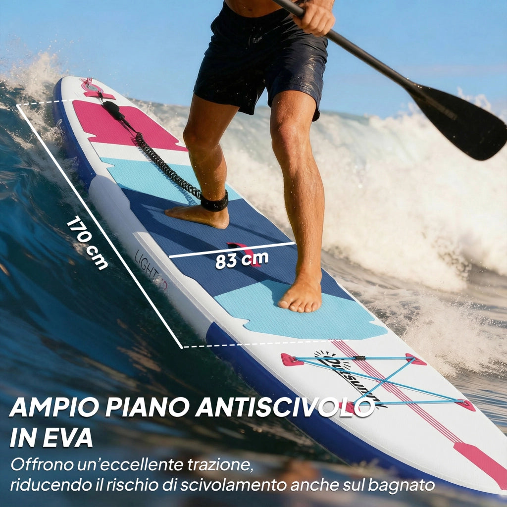 Sup Gonfiabile con Pagaia Regolabile e Accessori, in Plastica ed EVA, 305x89x15 cm, Blu Rosso Rosa