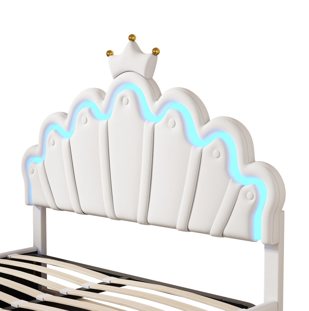Letto imbottito 140x200 cm con contenitore e LED; testiera a nuvola con corona; PU bianco