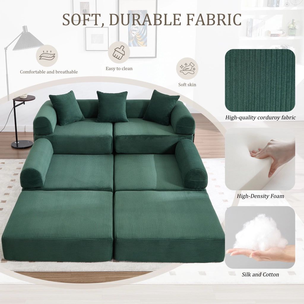 Divano modulare convertibile con tasca laterale, in velluto a coste, Verde Smeraldo, 270 × 180 × 64 cm