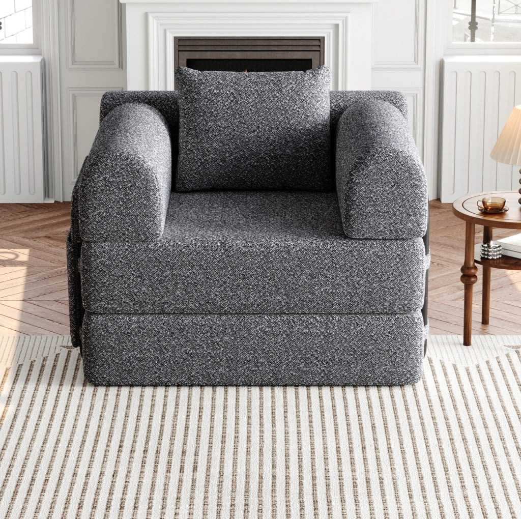 Divano letto 2 in 1 monoposto in ciniglia grigia con vano bracciolo