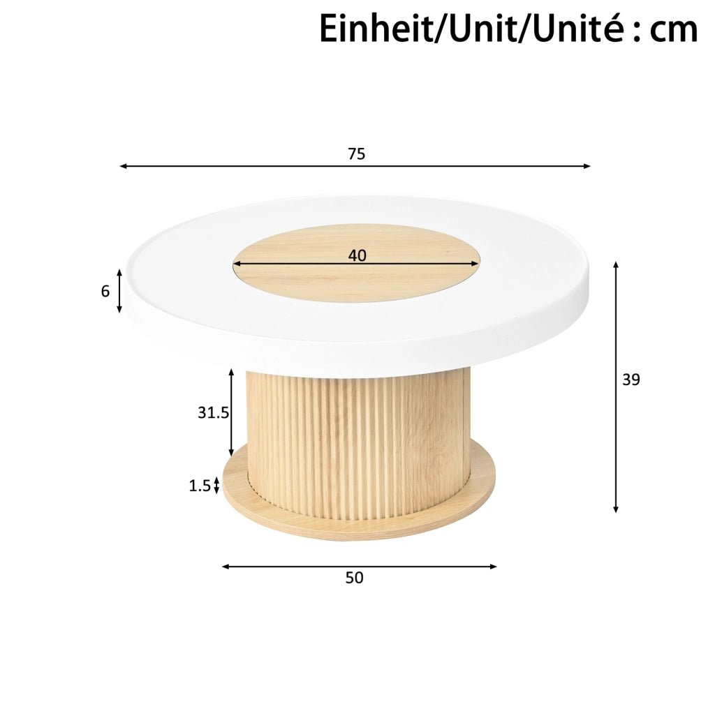 Tavolino da salotto rotondo 75x75x39 cm in MDF e PVC; naturale e bianco