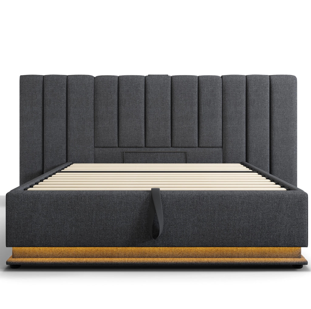 Letto contenitore 180 × 200 cm in lino grigio con LED; USB e Type-C