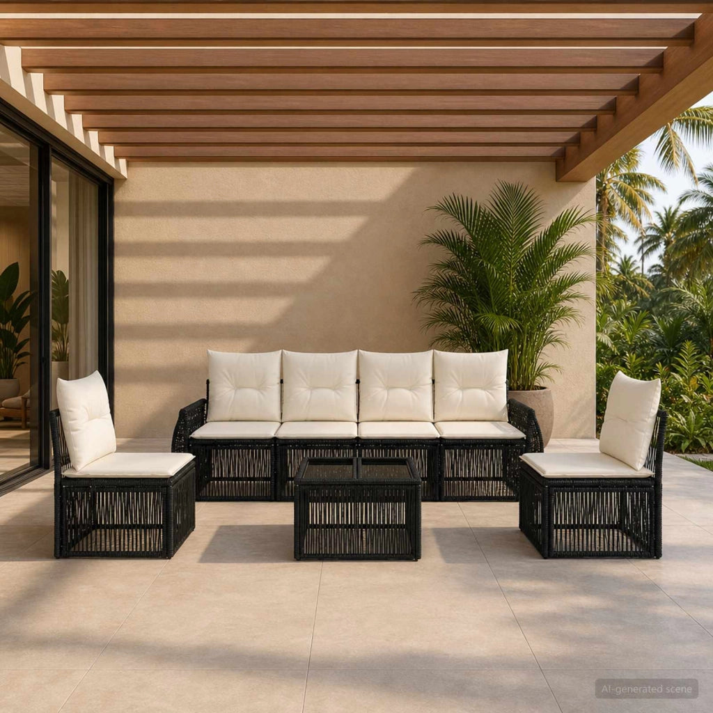 Set Divano da Giardino 7 pz Nero e Bianco Crema polyrattan 3435382