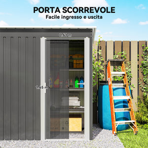 Capanno Box Attrezzi 163x89x182 cm con Tetto Inclinato e Porta Scorrevole in Acciaio e PP Grigio Chiaro