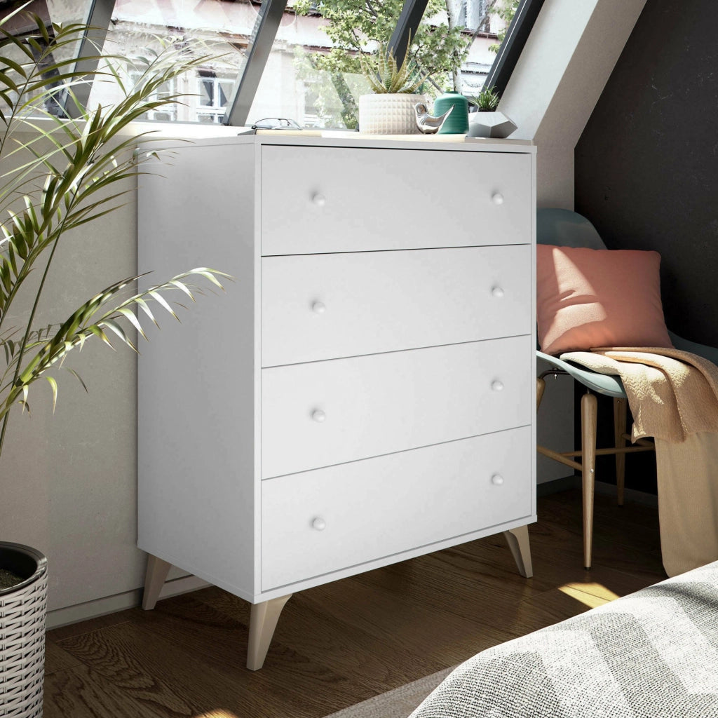 Cassettiera Aquilea, Settimanale a 4 cassetti, Mobile ComÒ² per camera da letto, ComÒ² moderno, cm 78x40h95, Bianco