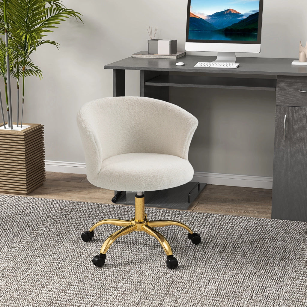 Sedia da Ufficio Design Moderno con Seduta Girevole e Rivestimento in Tessuto Teddy Bianco e Oro