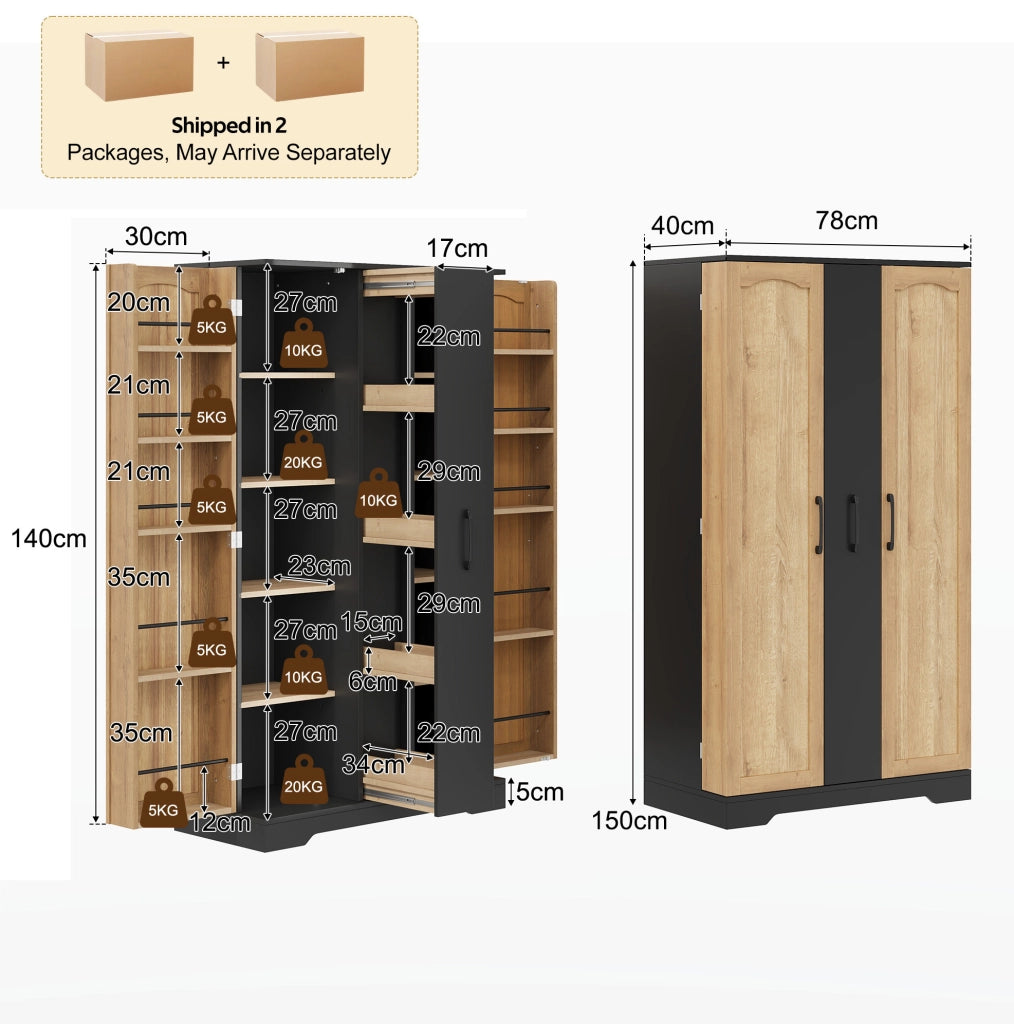 Mobile dispensa da cucina con 2 ante; ripiani regolabili e vano estraibile a 4 livelli; 150 x 78 x 40 cm; nero