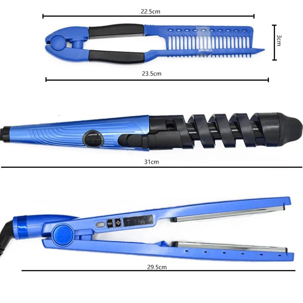 Trade Shop - Set Piastra 3in1 Per Capelli In Nano Titanio Ceramica Con Ferro Arricciacapelli Pettine -