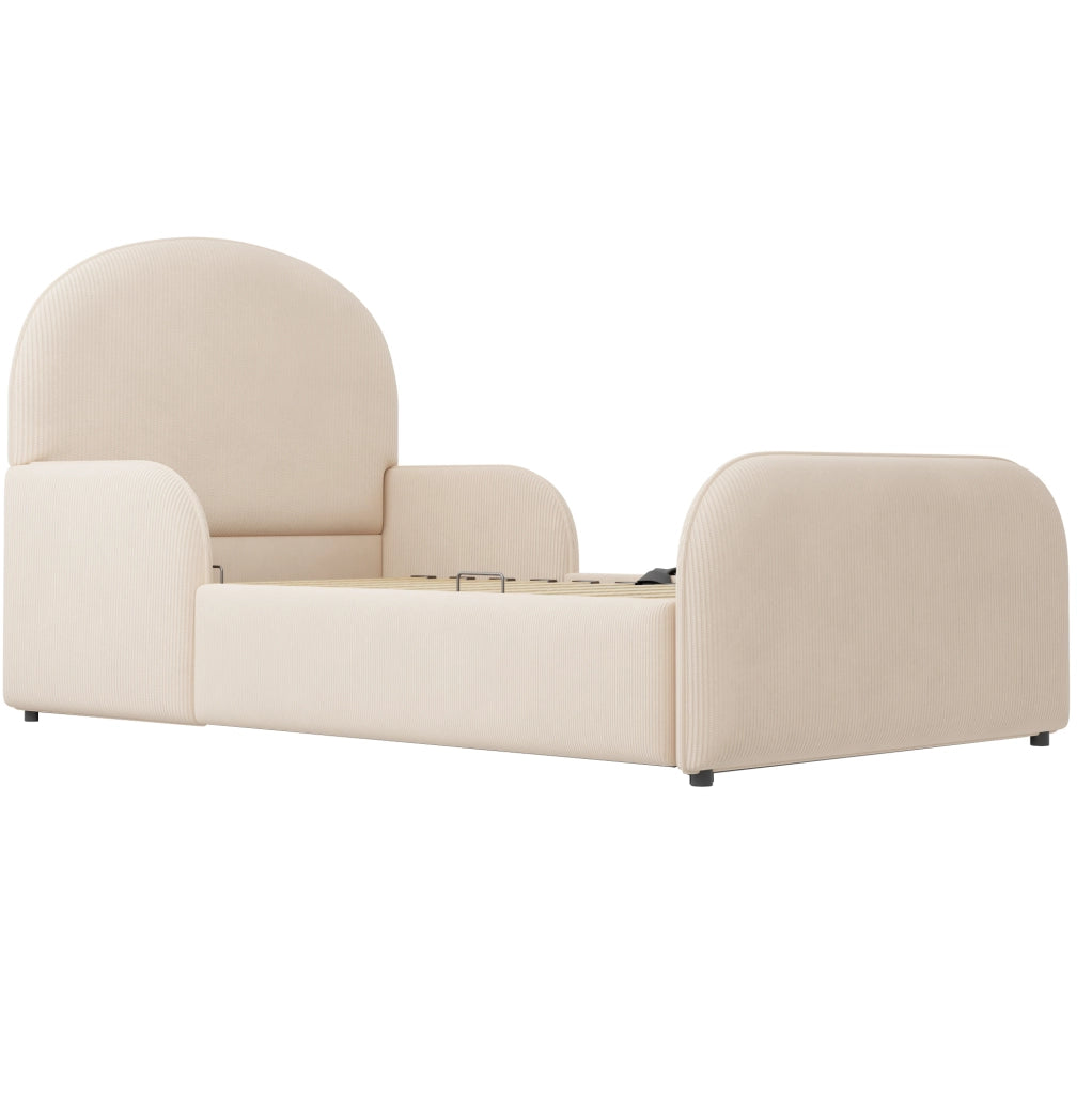Letto imbottito 90x200 cm con contenitore idraulico; testiera alta in velluto beige