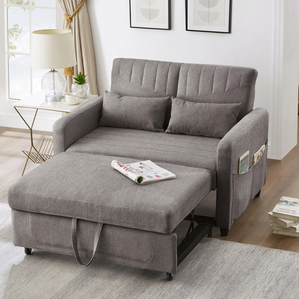 OKWISH Divano Letto 2 Posti, Schienale Regolabile in 3 Posizioni, Design Estraibile con 2 Cuscini, Tessuto Cotone Lino, Grigio