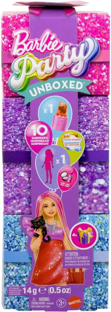 Barbie Party Surprise rossa brillante, bambola serie Festa Glamour con 10 accessori a sorpresa ed effetto cambia colore