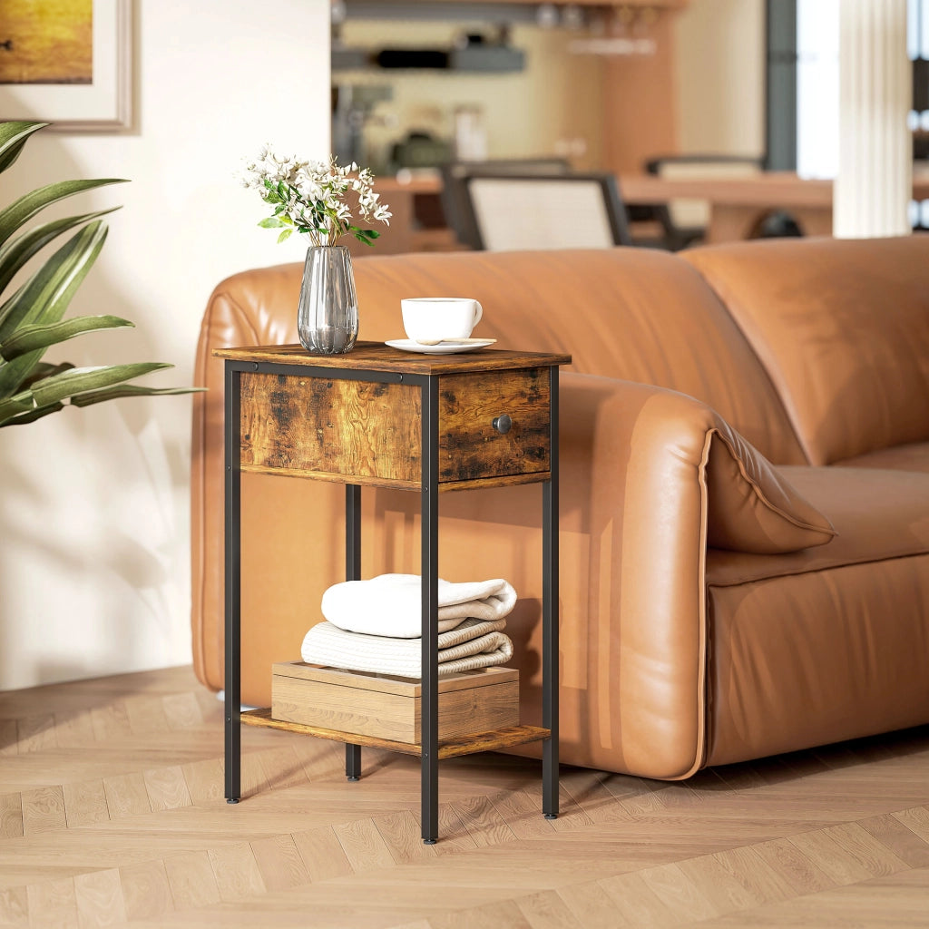 Tavolino con cassetto e ripiano aperto ¨C Zephmum ¨C Legno, marrone, gambe in metallo