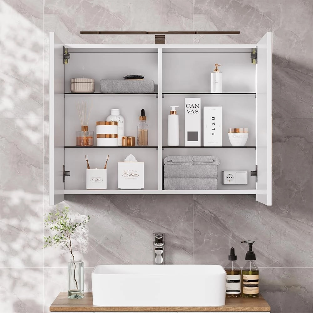Mobile a specchio per il bagno Lavio, Bianco, 80 x 60 cm con illuminazione a LED