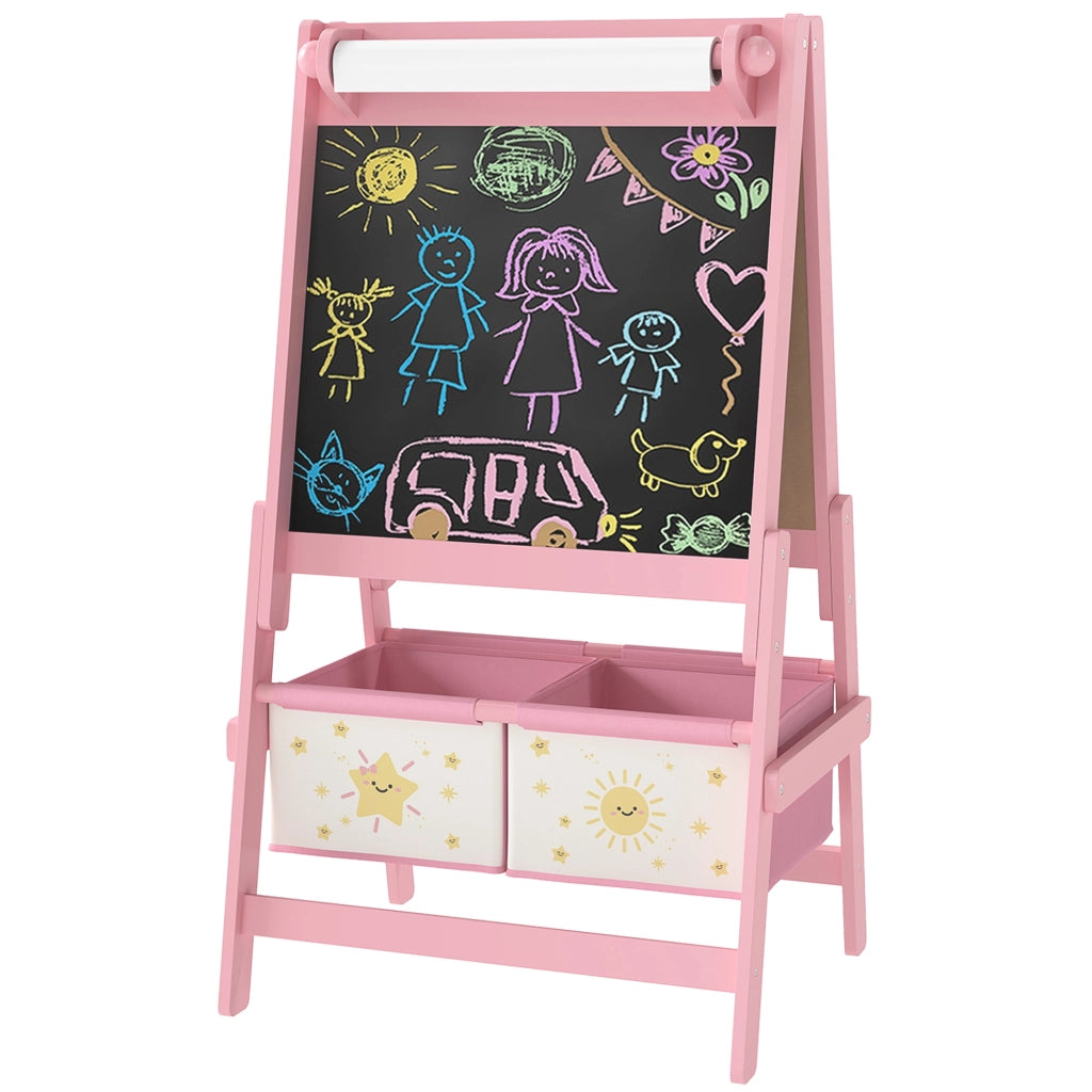Lavagna per Bambini con Cavalletto e Rotolo di Carta ¨C zephmum ¨C Legno, Rosa, 54x46x94 cm