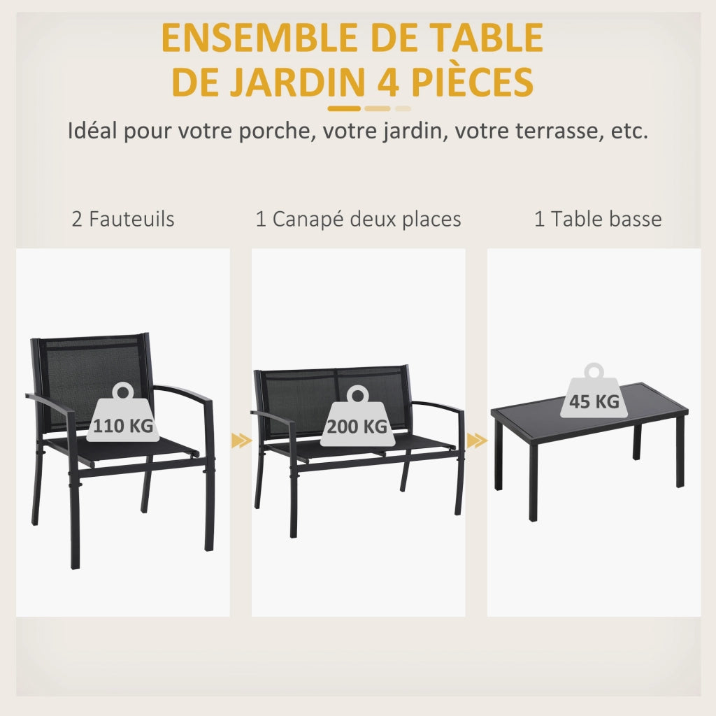 Set giardino esterno 4 pezzi con divano 2 posti, 2 sedie e tavolino in vetro ¨C zephmum ¨C nero, cuscini inclusi
