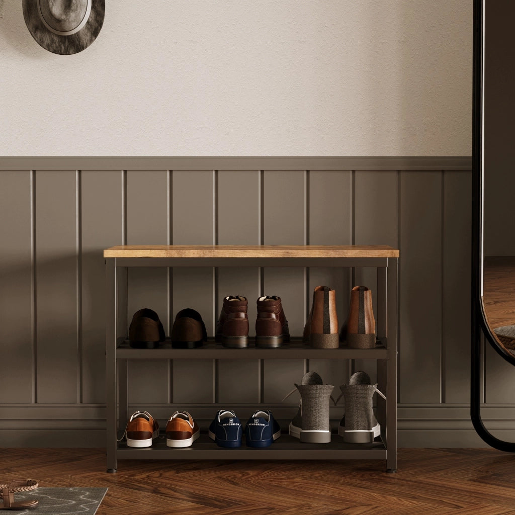 Scapino per scarpe con seduta, ripiano ampio, stile industriale/loft/retrò, in legno, 60 cm