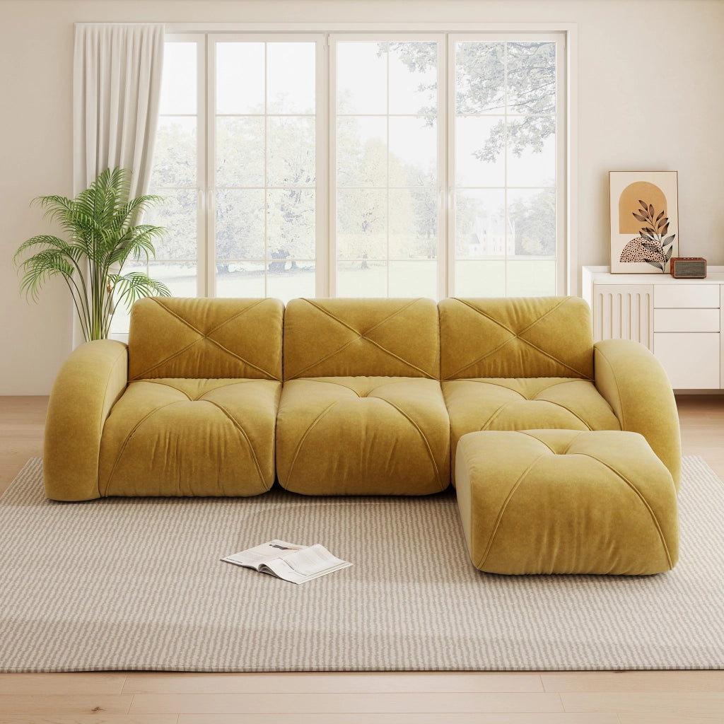 Divano angolare modulare; seduta in schiuma 32D; senza struttura; per soggiorno; chenille giallo