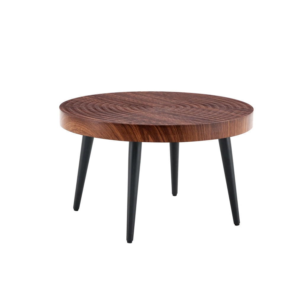 Tavolino da caffè rotondo con piano spesso 5 cm; gambe in metallo nero con piedini regolabili; noce; Ø 60 cm