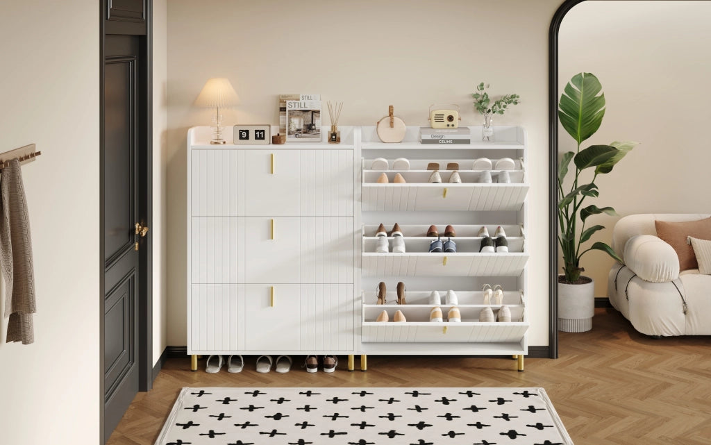 Set di 2 scarpiere a ribalta salvaspazio 80x23x123;5 cm in MDF bianco opaco