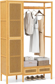 Armadietto guardaroba multifunzionale in bambù, appendiabiti robusto con asta di sospensione, scaffale portaoggetti, 2 cassetti, organizer per guardaroba autoportante, 102 x 33 x 160 cm