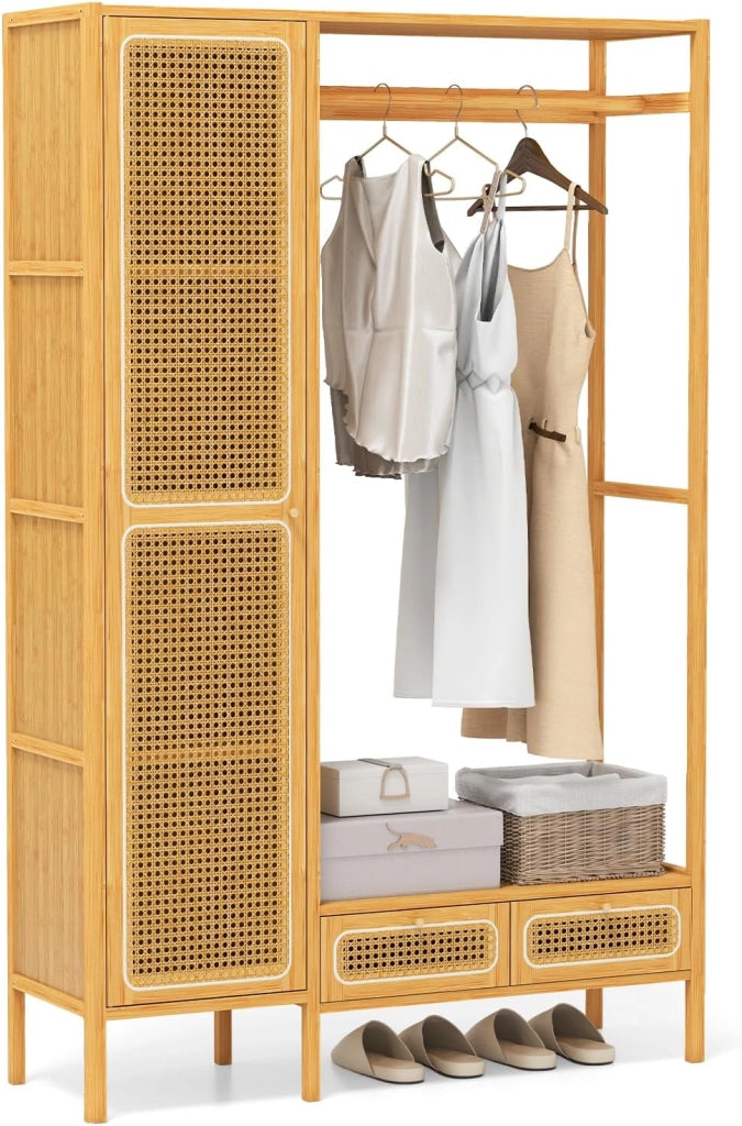 Armadietto guardaroba multifunzionale in bambù, appendiabiti robusto con asta di sospensione, scaffale portaoggetti, 2 cassetti, organizer per guardaroba autoportante, 102 x 33 x 160 cm