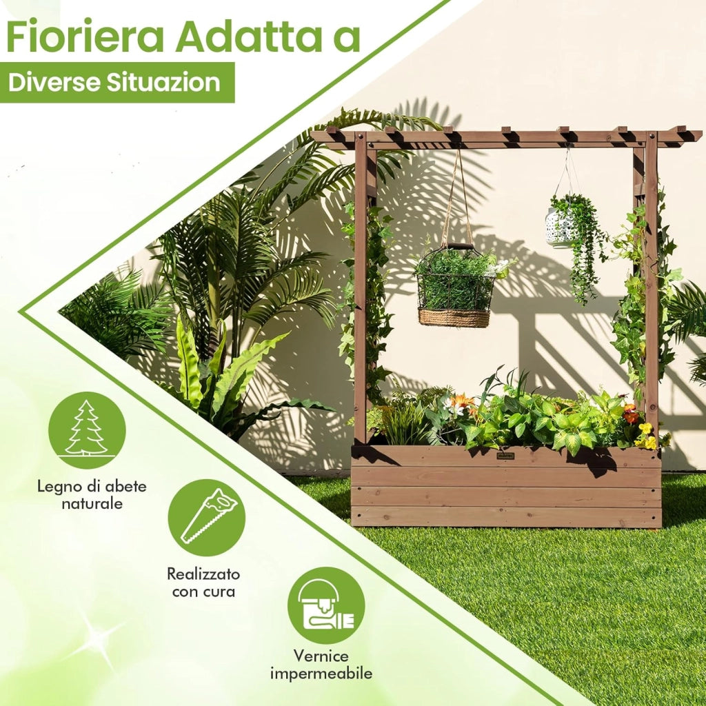 Fioriera da Esterno con Grigliato, Letto Rialzato da Esterno per Piante Rampicanti con Traliccio e Fori di Drenaggio, Aiuola Elevata da Giadino e Cortile, 100 x 44 x 113,5 cm (Marrone)
