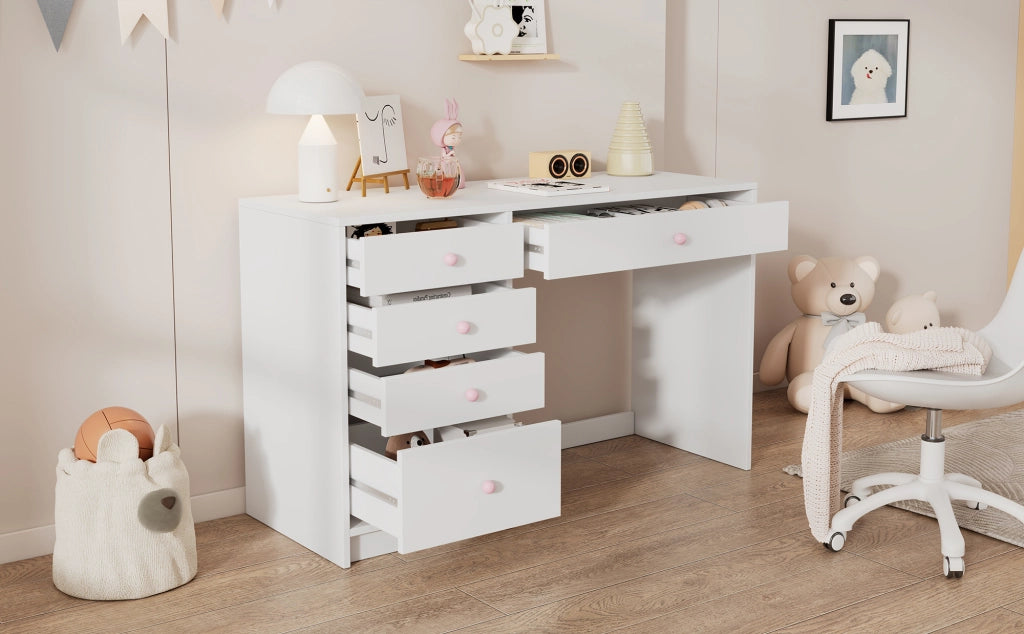 Scrivania lineare con 5 cassetti e maniglie in ceramica rosa, per cameretta e camera da letto, bianco, 120 × 45 × 74 cm
