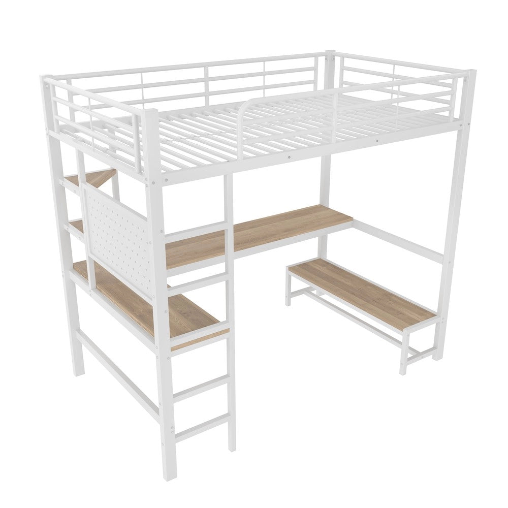Letto a Soppalco con Scrivania e LED ¨C MINIMAL ¨C Bianco, 90x200, Metallo