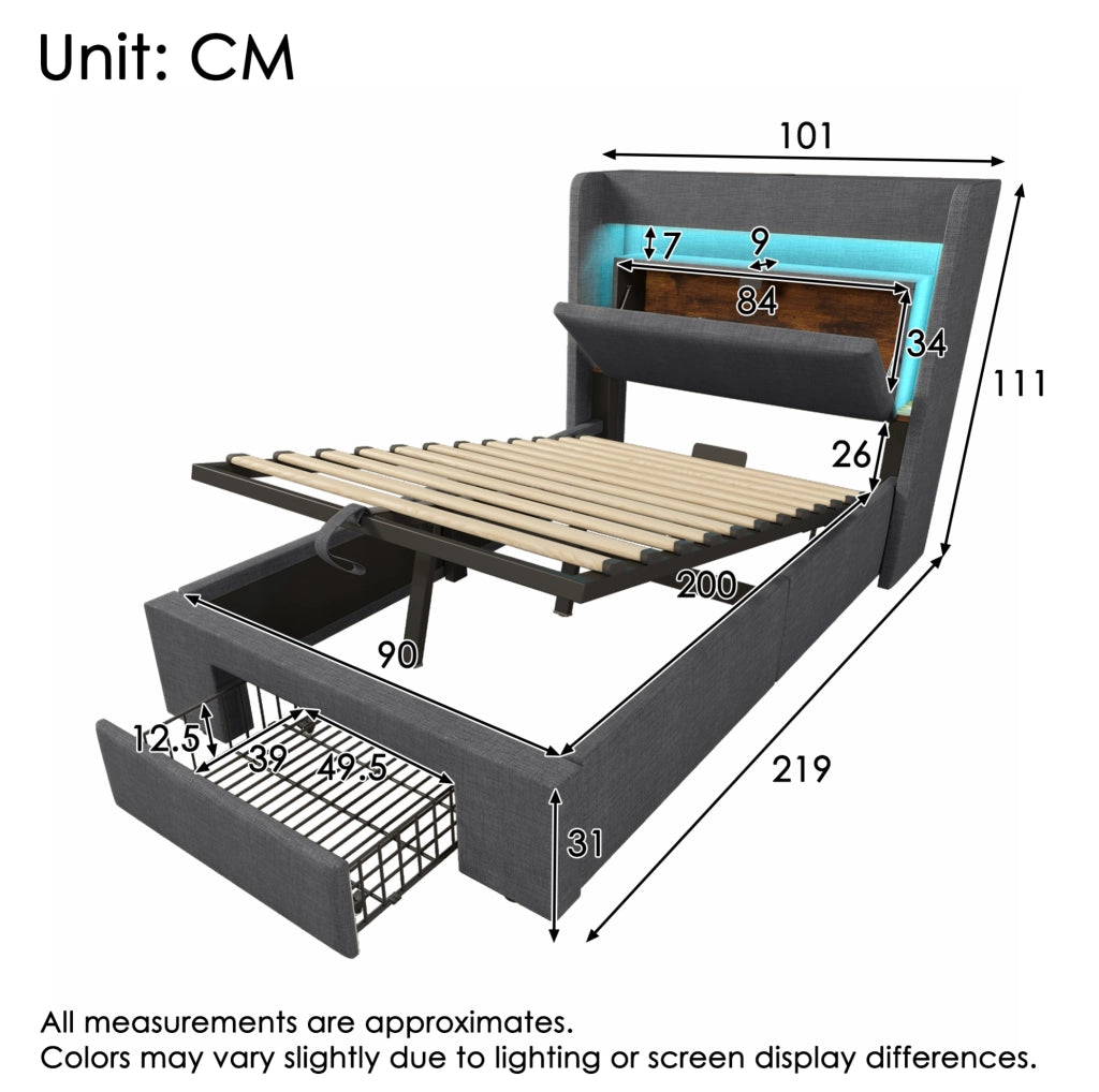 Letto imbottito 90x200 cm grigio con contenitore idraulico, LED, USB e materasso