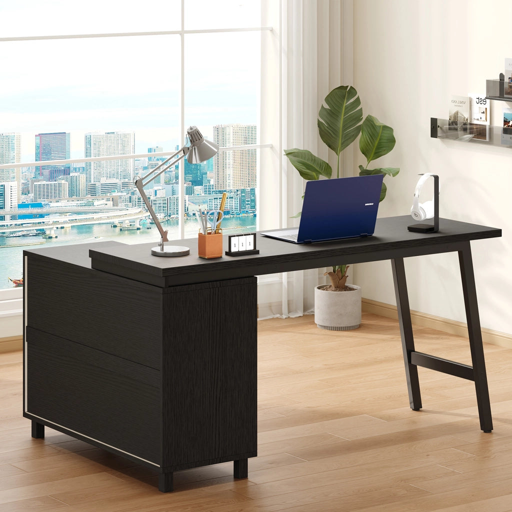 Scrivania angolare con 3 cassetti e 2 vani aperti in MDF e acciaio per ufficio e studio nero bianco 150 × 100 × 76 cm
