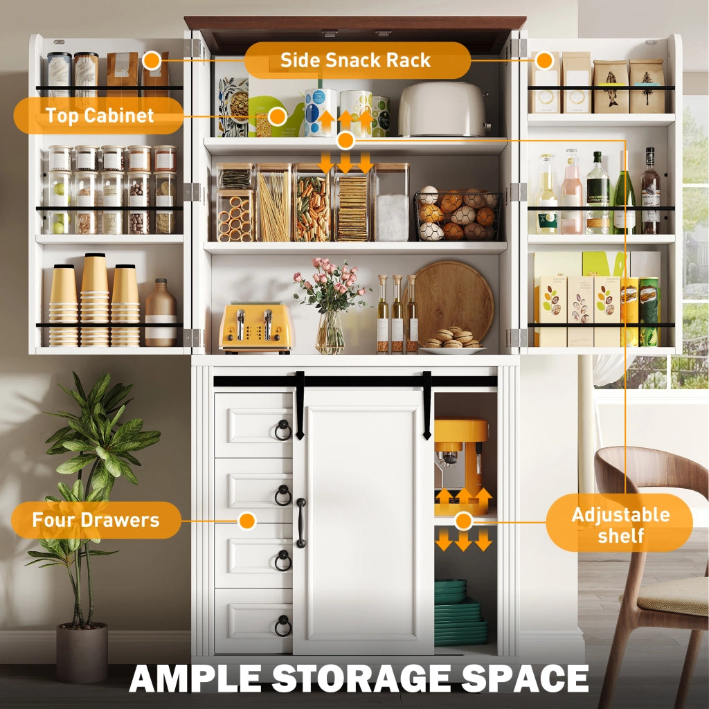 Colonna da cucina con 4 cassetti, ripiani regolabili e snack rack laterale, MDF bianco 80 × 39,8 × 180 cm