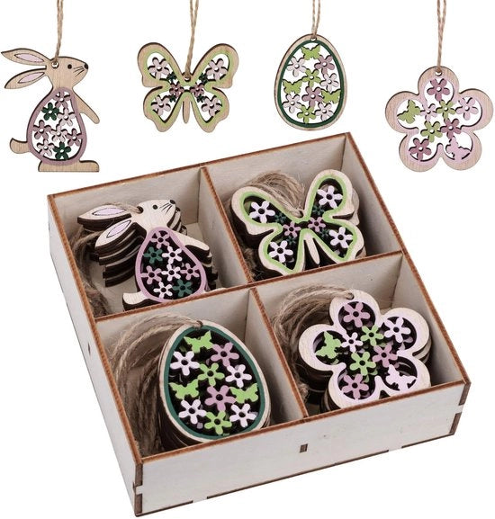 Set di 24 attacchi di decorazione per finestra da 5cm con motivi di uccelli, coniglietti, uova e fiori in legno per decorare le finestre in occasione di Pasqua