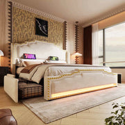 Letto matrimoniale-Xylo-140x200 cm-4 cassetti, LED, USB-C, velluto beige, senza materasso