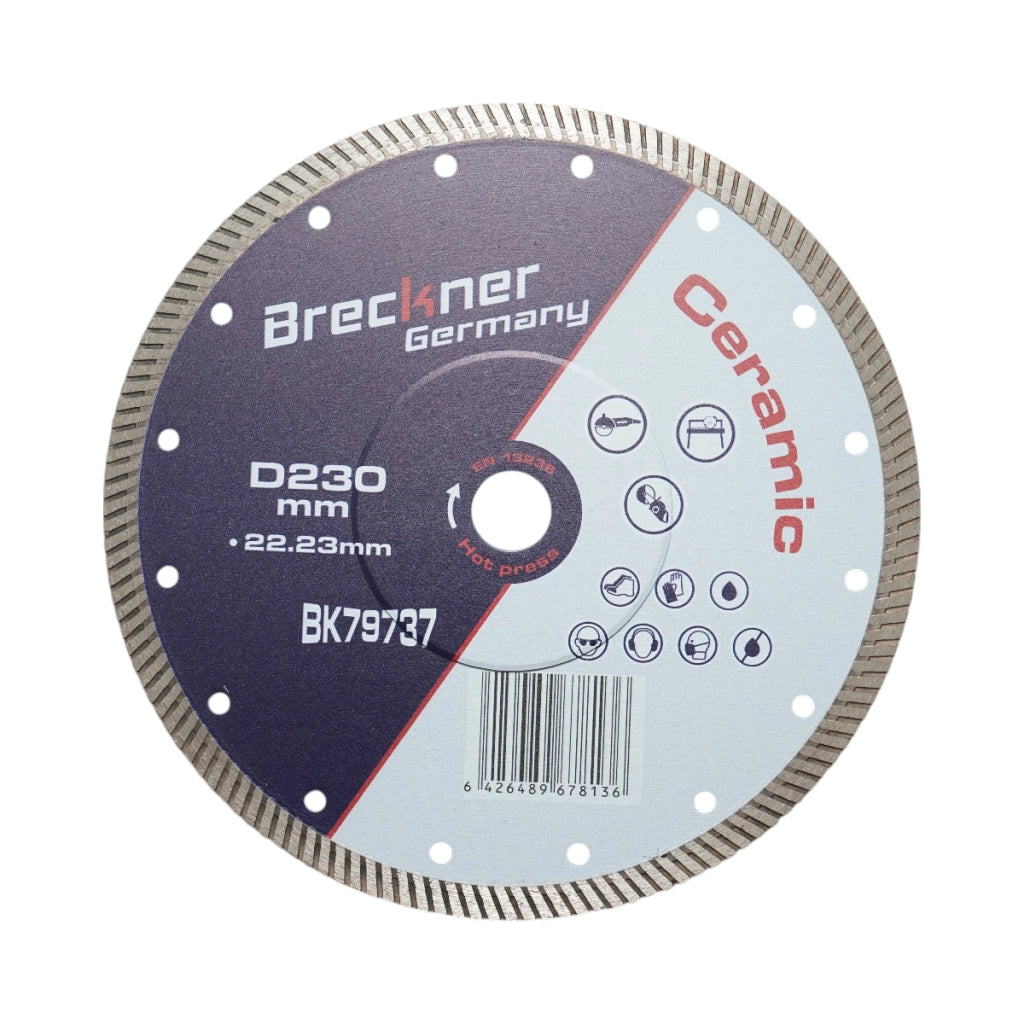 Disco diamantato turbo 230x22,23 mm, segmento 10 mm per piastrelle, maiolica, ceramica dura, marmo, granito Breckner Germany