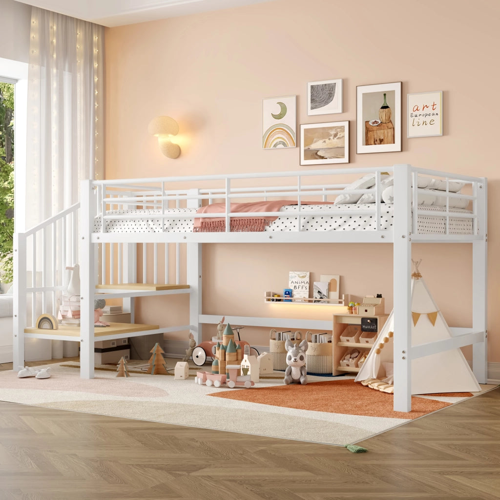 Letto a soppalco singolo 90 × 200 cm con scala contenitore integrata, senza materasso, metallo, bianco