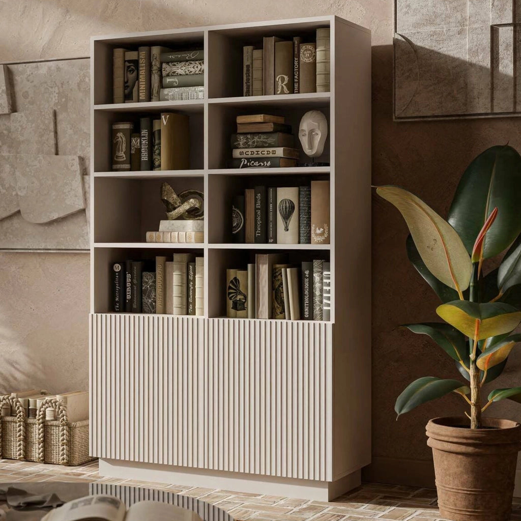 Libreria Miniato, Mobile portalibri con vani aperti e due ante, Design moderno e minimale, 172x40 h100 cm, Beige