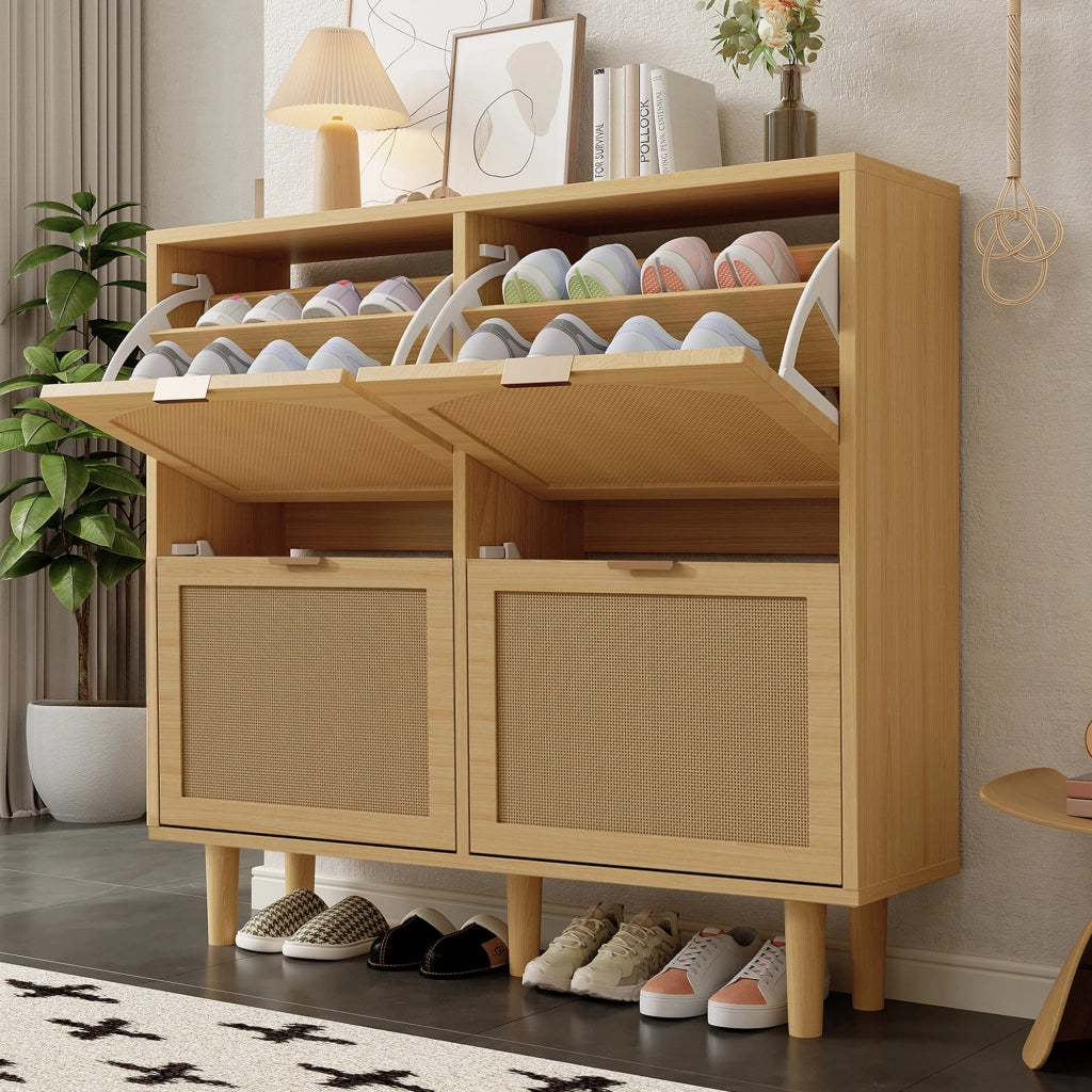 Scarpiera con 4 ante a ribalta in rattan e effetto rovere, per ingresso, con maniglie in legno, 100 × 25 × 90 cm