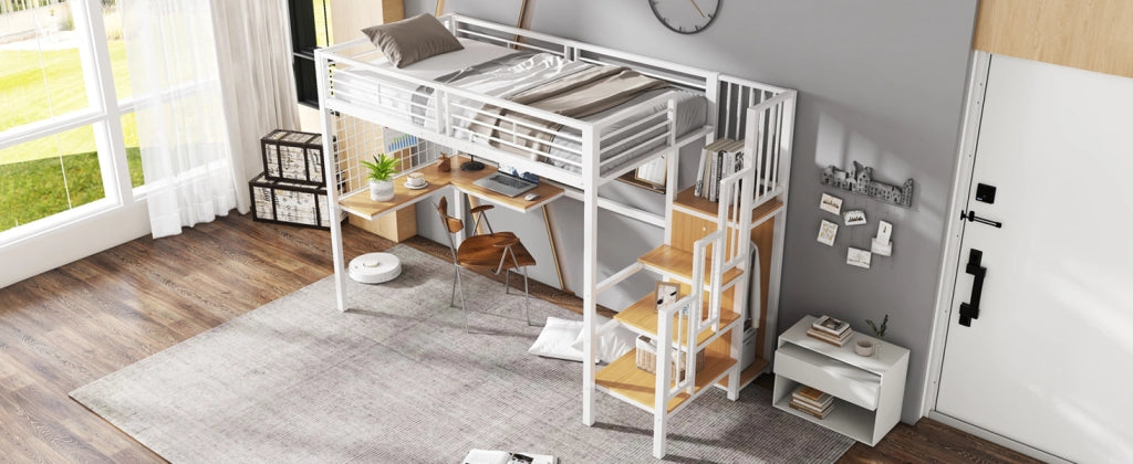 Letto a castello funzione scrivania e armadio in metallo e MDF bianco naturale 90x200 cm