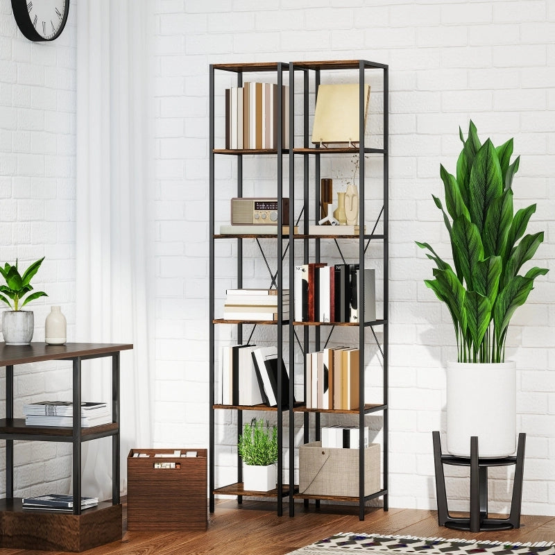 Set di 2 librerie a 6 ripiani, struttura in acciaio, stile industriale, marrone rustico