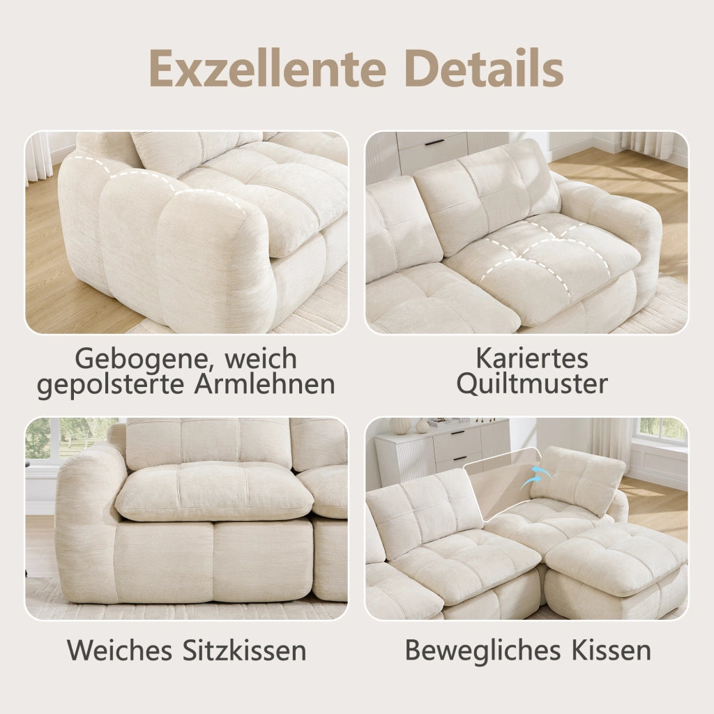 Divano modulare 4 posti senza telaio con schiuma ad alta densità e seduta ampia in ciniglia beige 334 × 97 × 68 cm