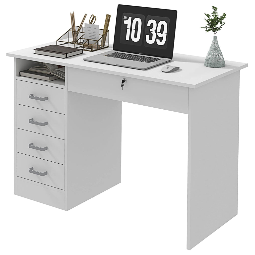 Scrivania Moderna 5 Cassetti con Serratura e 2 Chiavi 110x50x76 cm in Truciolato Bianco