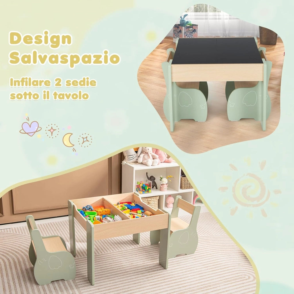 3 in 1 Set Tavolo e Sedie per Bambini, Tavolo da Attività per Bambini con 2 Sedie, Lavagna Rimovibile e Deposito, per Giocare, Disegnare e Leggere, in Legno (Verde)