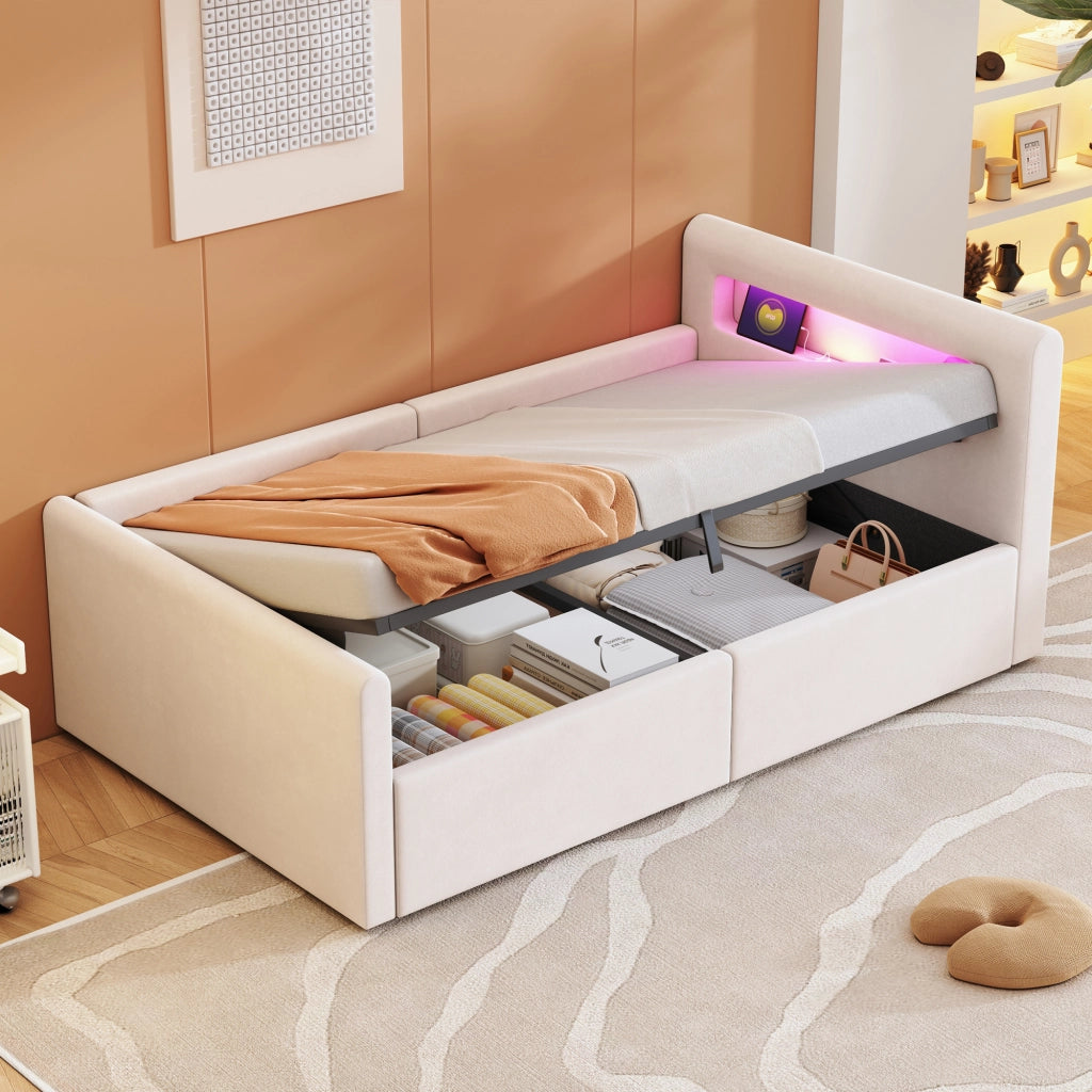 Letto 90x200 cm - Letto imbottito,Con luce notturna,Porta di ricarica USB,Con vani portaoggetti,Velluto,Funzione di accumulo idraulico,Beige