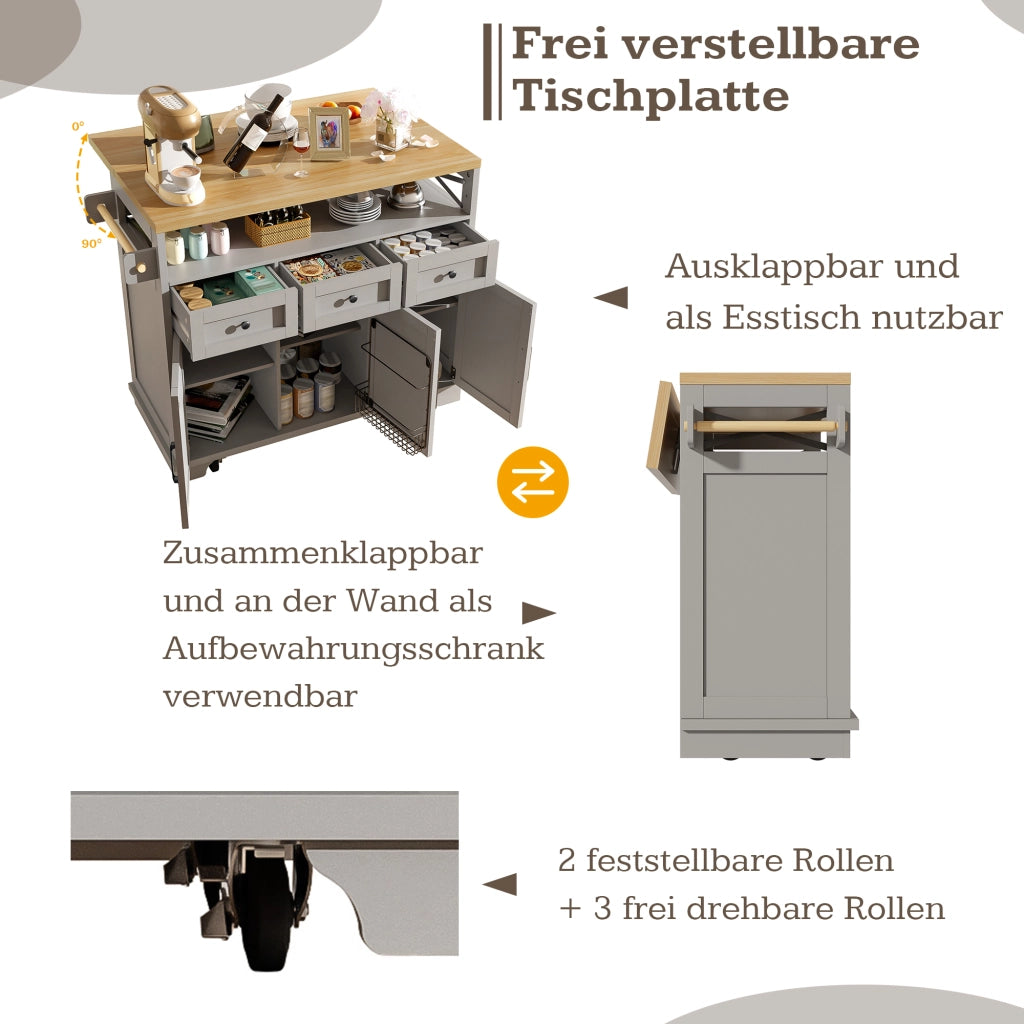 ISOLA CUCINA 118x43-80x98 cm Grigio MDF e Metallo con ruote