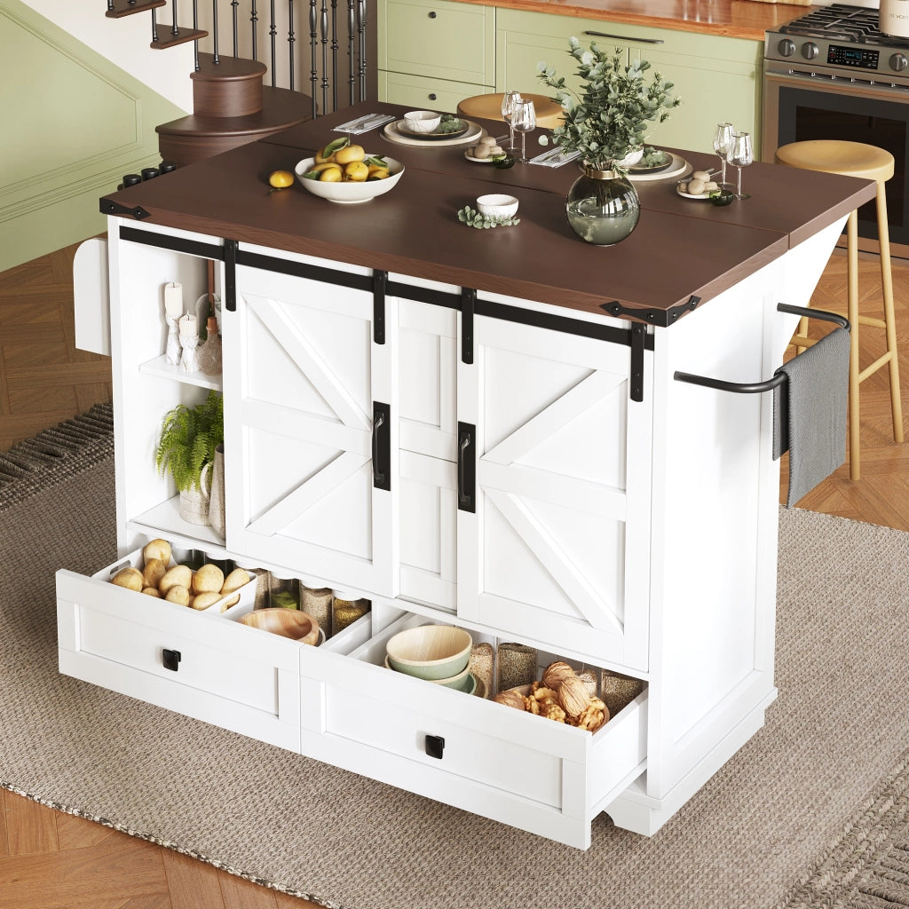 Carrello da Cucina con Ante Scorrevoli e Piano Ribaltabile e Ripiani Regolabili per Cucina in MDF Bianco